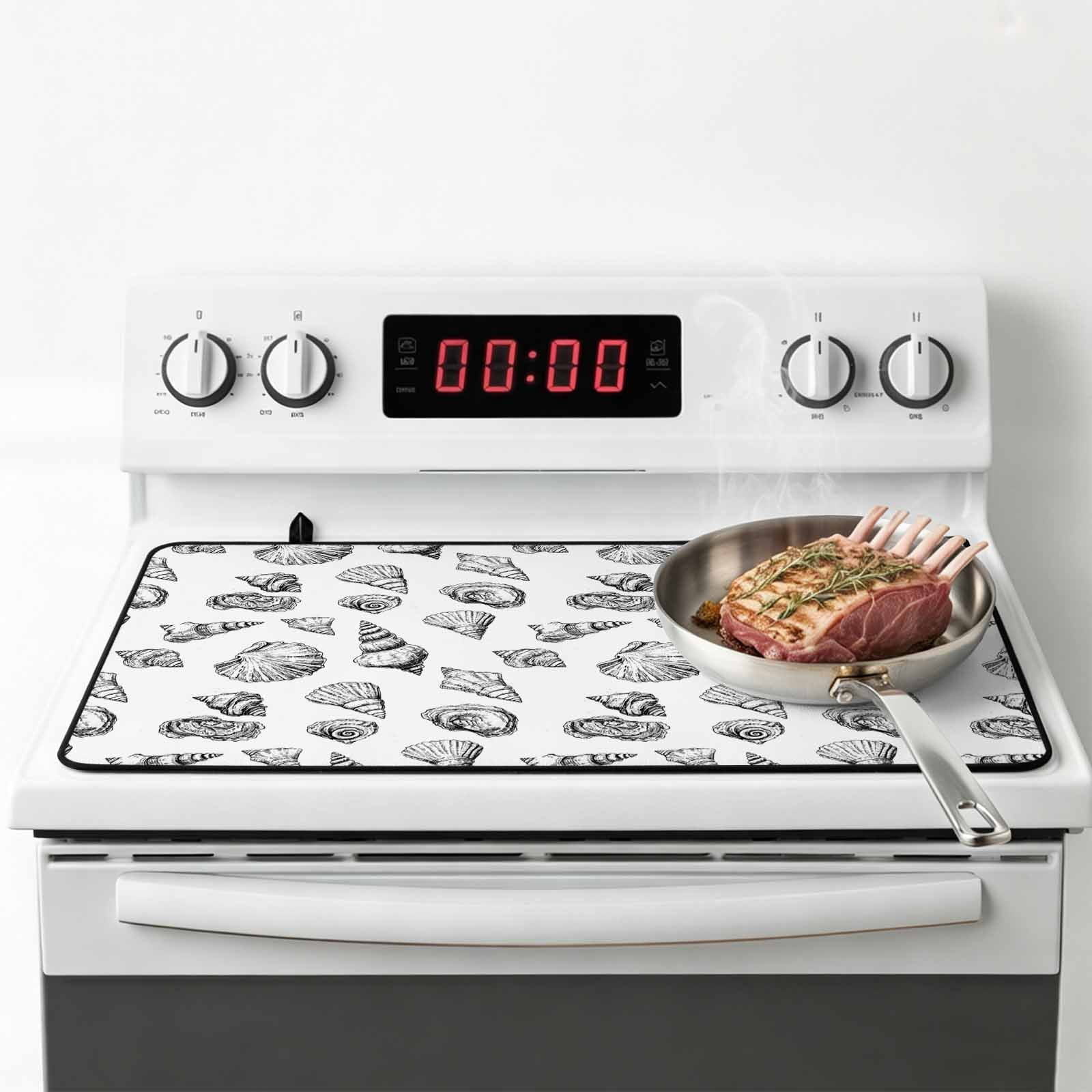 Ocean Conch Nautilus Stove Top Cover for Electric Stove, Heat-proof & Non Slip Glass Top Stove Cover Protector, White Black Coastal Beach Shell Kitchen Flat Cooktop Rubber Mat 24x21 Inches