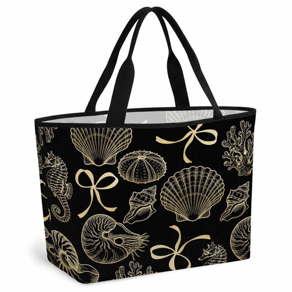 Ocean Conch Shell Beach Bag for Women, Large Breathable Mesh Beach Tote Bag, Black Coastal Seahorse Coral Yellow Bows Sandproof Lightweight Travel Bags for Vacation Picnic Swimming Pool