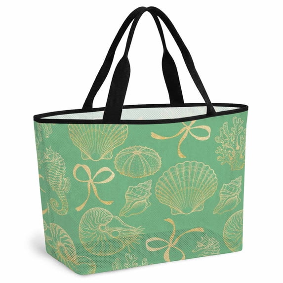 Ocean Conch Shell Beach Bag for Women, Large Breathable Mesh Beach Tote Bag, Coastal Seahorse Coral Bows Vintage Green Sandproof Lightweight Travel Bags for Vacation Picnic Swimming Pool