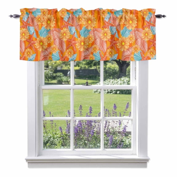 Ocean Conch Shell Blossom Flower Valances for Windows,Kitchen Valance Rod Pocket Short Curtain, Orange Ombre Stripe Valance Curtain Window Valances for Bedroom Bathroom Living Room 42x12in
