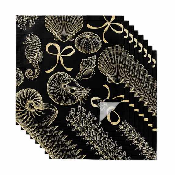 Ocean Conch Shell Cloth Napkins, Black Coastal Seahorse Coral Yellow Bows Washable and Reusable Dinner Napkins Set of 8, Table Napkin for Kitchen Party Birthday Wedding Hotel Housewarming 20"x20"