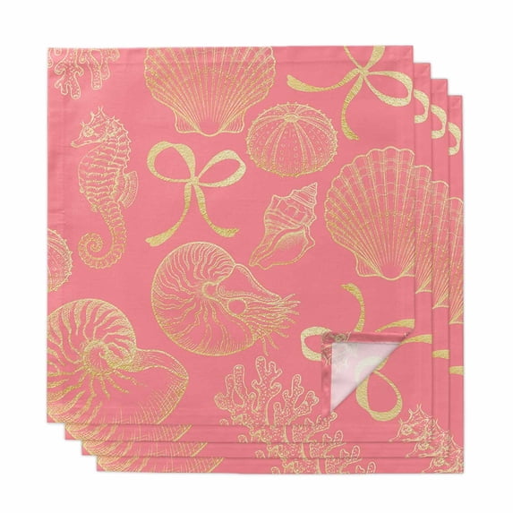 Ocean Conch Shell Cloth Napkins, Coastal Seahorse Coral Bows Retro Pink Washable and Reusable Dinner Napkins Set of 4, Table Napkin for Kitchen Party Birthday Wedding Hotel Housewarming 20"x20"