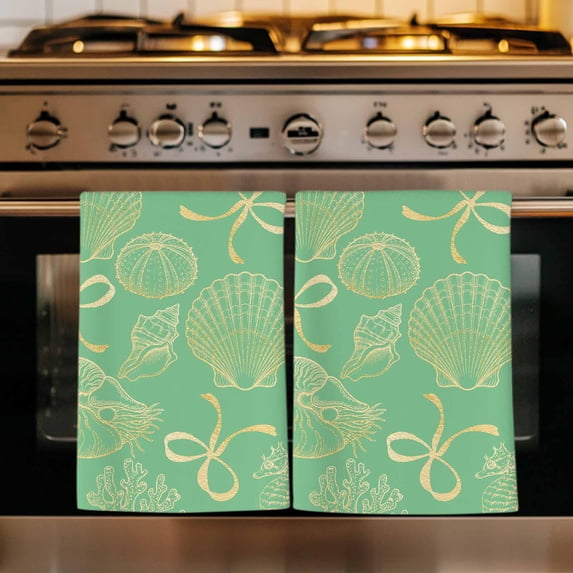 Ocean Conch Shell Kitchen Towels Set of 2, Coastal Seahorse Coral Bows Vintage Green Absorbent Dish Towels for Kitchen, Microfiber Hand Towel, Quick Drying Tea Towel for Cleaning Dishcloths