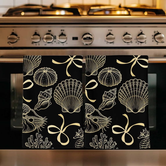 Ocean Conch Shell Kitchen Towels Set of 3, Black Coastal Seahorse Coral Yellow Bows Absorbent Dish Towels for Kitchen, Microfiber Hand Towel, Quick Drying Tea Towel for Cleaning Decorative Dishcloths