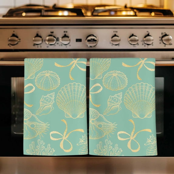 Ocean Conch Shell Kitchen Towels Set of 3, Coastal Seahorse Coral Bows Vintage Aqua Absorbent Dish Towels for Kitchen, Microfiber Hand Towel, Quick Drying Tea Towel for Cleaning Decorative Dishcloths