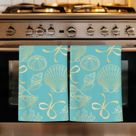 Ocean Conch Shell Kitchen Towels Set of 4, Coastal Seahorse Coral Bows Vintage Blue Absorbent Dish Towels for Kitchen, Microfiber Hand Towel, Quick Drying Tea Towel for Cleaning Decorative Dishcloths