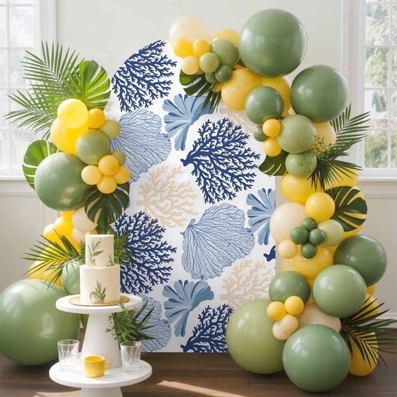 Ocean Coral Arch Backdrop Cover, 4FT, Blue Beige Coral Reef Sea Fan Underwater Plants Spandex Arch Covers Double-Sided Backdrop for Wedding Birthday Party Photo Background Decoration