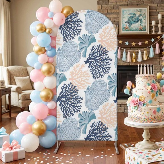 Ocean Coral Arch Backdrop Covers 4 FT, Teal Beige Coral Reef Sea Fan Underwater Plants Stretchy Fitted Arched Stand Covers Party Arch Stand Cover Photo Booth for Wedding Birthday Decor