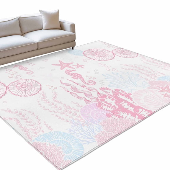 Ocean Coral Area Rugs 5x8ft Pink Shell Seahorse Starfish Abstract Texture Floor Rug Non Slip Low Pile Ultra Soft Throw Carpet for Entryway Indoor Entrance Kitchen Bathroom
