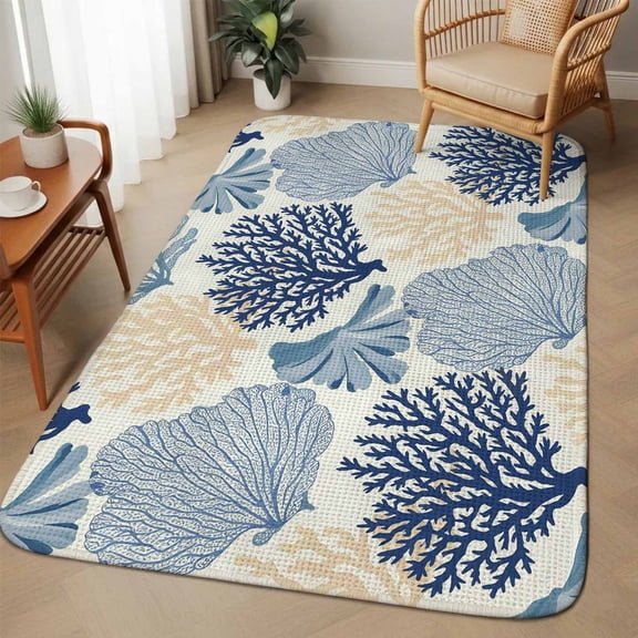 Ocean Coral Area Rugs for Living Room 5x6, Blue Beige Coral Reef Sea Fan Underwater Plants Washable Area Rug with Non Slip Backing, Stain Resist Linen Carpet for Bedroom, Dining Room, Entrance