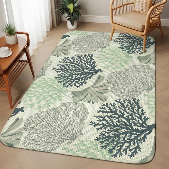 Ocean Coral Area Rugs for Living Room 5x6, Green Coral Reef Underwater Marine Plants Sea Fan Washable Area Rug with Non Slip Backing, Stain Resist Linen Carpet for Bedroom, Dining Room, Entrance