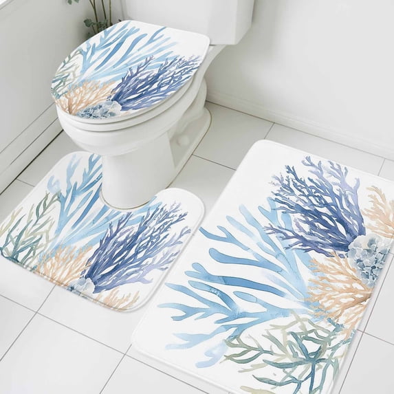Ocean Coral Bathroom Rugs Set Watercolor Blue Green Orange Corals Sea Non Slip Absorbent Soft Bath Mats 3 Piece Set with Bathroom Rug, U-Shaped Floor Mat, Toilet Seat Cover Large Size