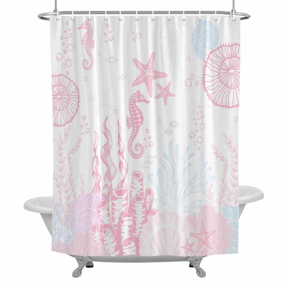 Ocean Coral Bathroom Shower Curtain, Pink Shell Seahorse Starfish Abstract Texture Waterproof Washable Soft Bath Curtain for Bathtub Decor with 12 Hooks&Grommet, 72x72 Inch