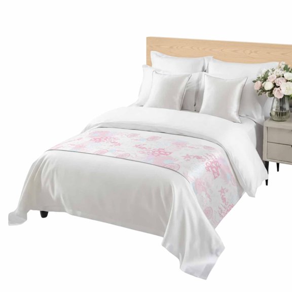 Ocean Coral Bed Runner Twin Size Pink Shell Seahorse Starfish Abstract Texture Soft Bed Scarf for Foot of Bed, Decorative Bedding Scarf Protection for Hotel Home Bedroom 71 x 20 Inch