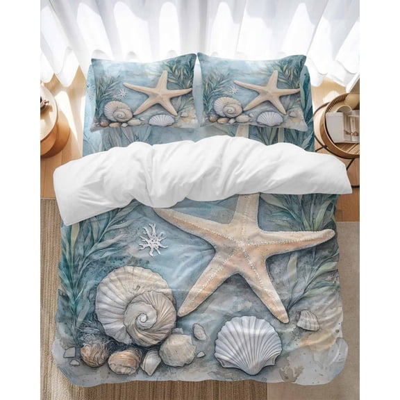 Ocean Coral Bedding Duvet Cover Set King Size 4 Pieces Shell Starfish Plant Leaf Coastal Rustic Bedding Set with Zipper Closure, 1 Comforter Cover 92x106 Inches 1 Flat Sheet & 2 Pillow Cases