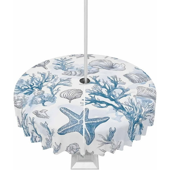 Ocean Coral Blue Outdoor Tablecloth with Umbrella Hole and Zipper 60" Round Table Cover Summer Seashells Starfish Waterproof Tabletop Collection for Patio Garden Picnic Camping