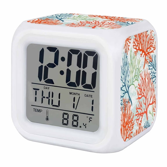 Ocean Coral Digital Alarm Clock for Bedrooms,Smart LED Alarm Clock with 7 Color Changing Night Light,Abstract Boho Gradient Coastal Polka Dots Silent Wake Up Clocks for Sleep Study Cooking 3.2"x3.2"