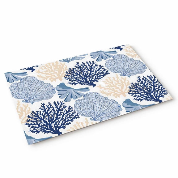 Ocean Coral Door Mat Blue Beige Coral Reef Sea Fan Underwater Plants Non Slip Absorbent Entrance Mat Washable Low Profile Indoor Doormat for Front Door Entryway Entry 16"x24"