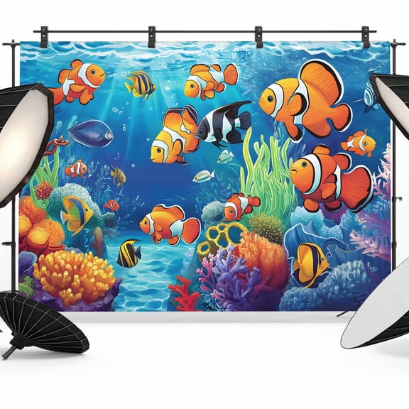 Ocean Coral Fish Backdrop for Photography,Fabric Photo Background Backdrop,Colorful Underwater World Seagrass Photo Booth Background for Portrait Photoshoot Video Wedding Decoration Banner 7x5ft