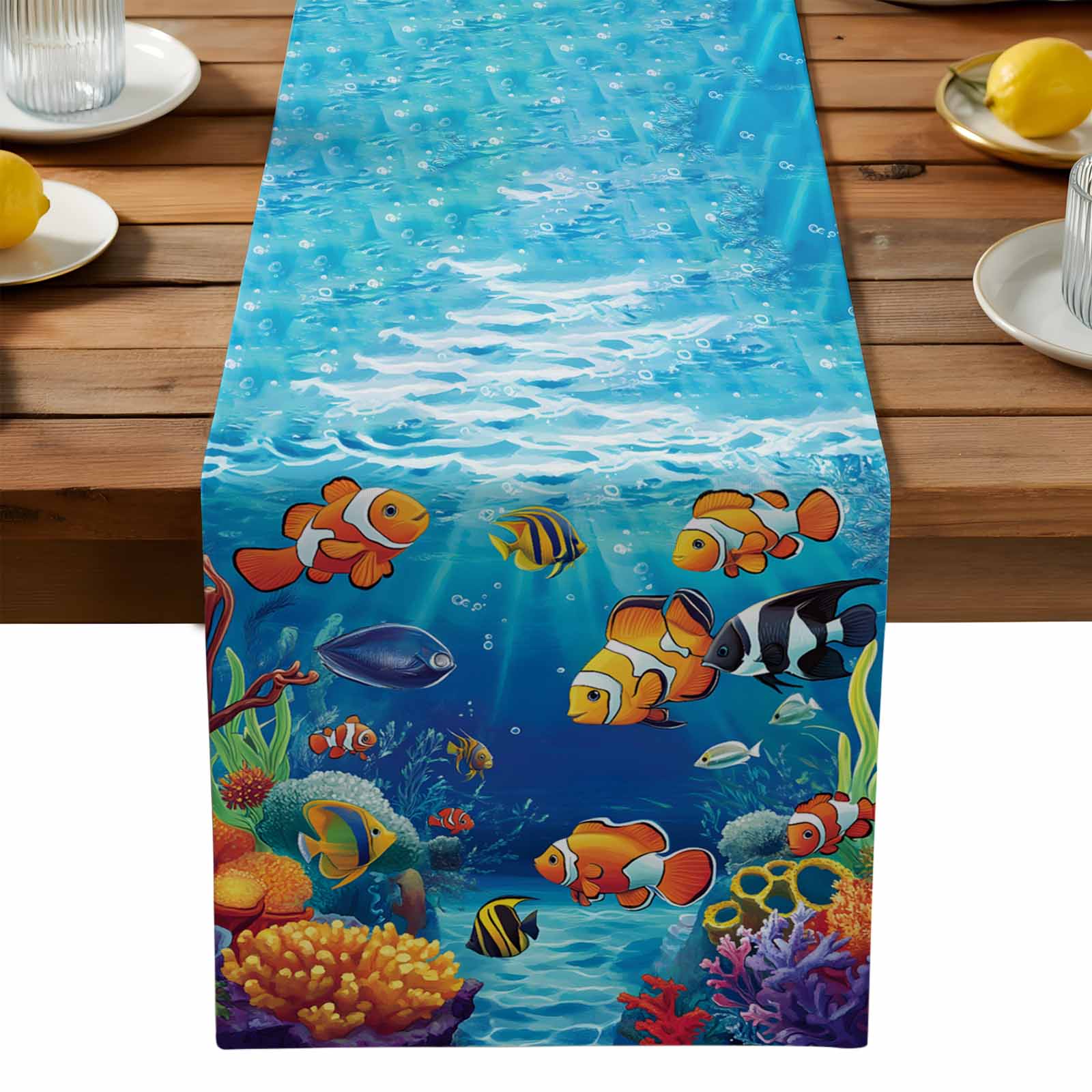 Ocean Coral Fish Cotton Linen Table Runner for Dining Kitchen, Colorful ...