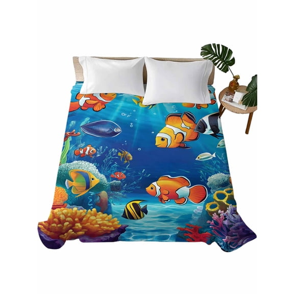Ocean Coral Fish Flat Sheets Only King Size, Soft Breathable Bed Top Sheets for Mattress, Colorful Underwater World Seagrass Luxury Bedding Flat Sheets for Home Hotel Bedroom Bed Protection
