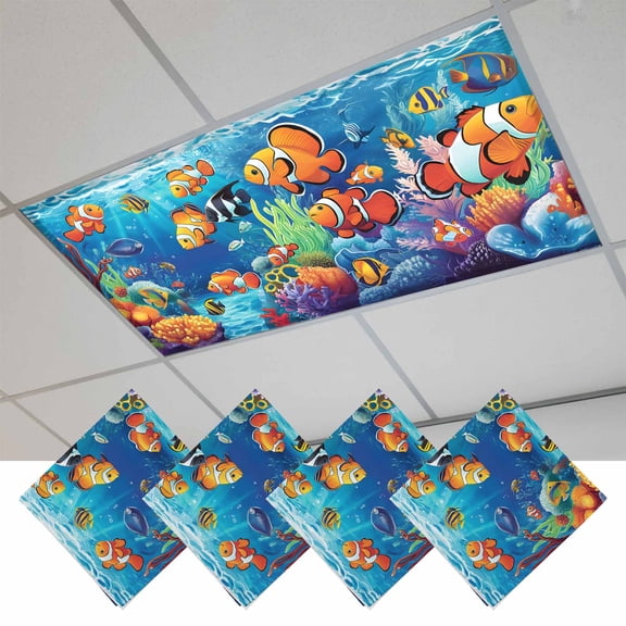Ocean Coral Fish Fluorescent Light Covers, Colorful Underwater World Seagrass Magnetic Light Covers for Ceiling Lights, Fluorescent Ceiling Shade Filters for Classroom Bedroom Office 4x2Ft x 4PCS