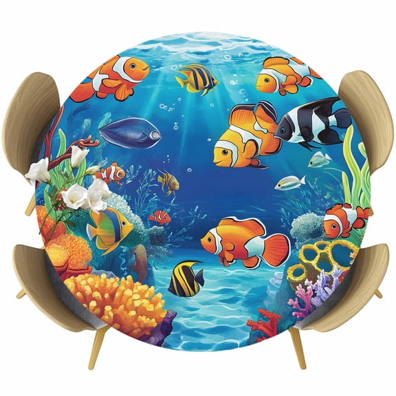 Ocean Coral Fish Round Tablecloth 45-54 Inch Round Fitted Table Cloth with Elastic Edge, Colorful Underwater World Seagrass Waterproof Table Cover Protector for Outdoor Picnic Party Dining
