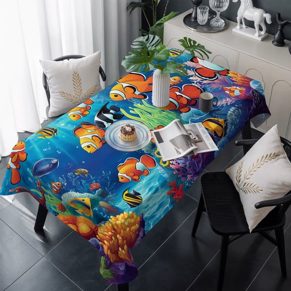 Ocean Coral Fish Table Cloth Waterproof Tablecloths, Colorful Underwater World Seagrass Tablecloth Dining Table Cover for Kitchen Party Tabletop Outdoor, Rectangle Tablecloth 60x120 Inch