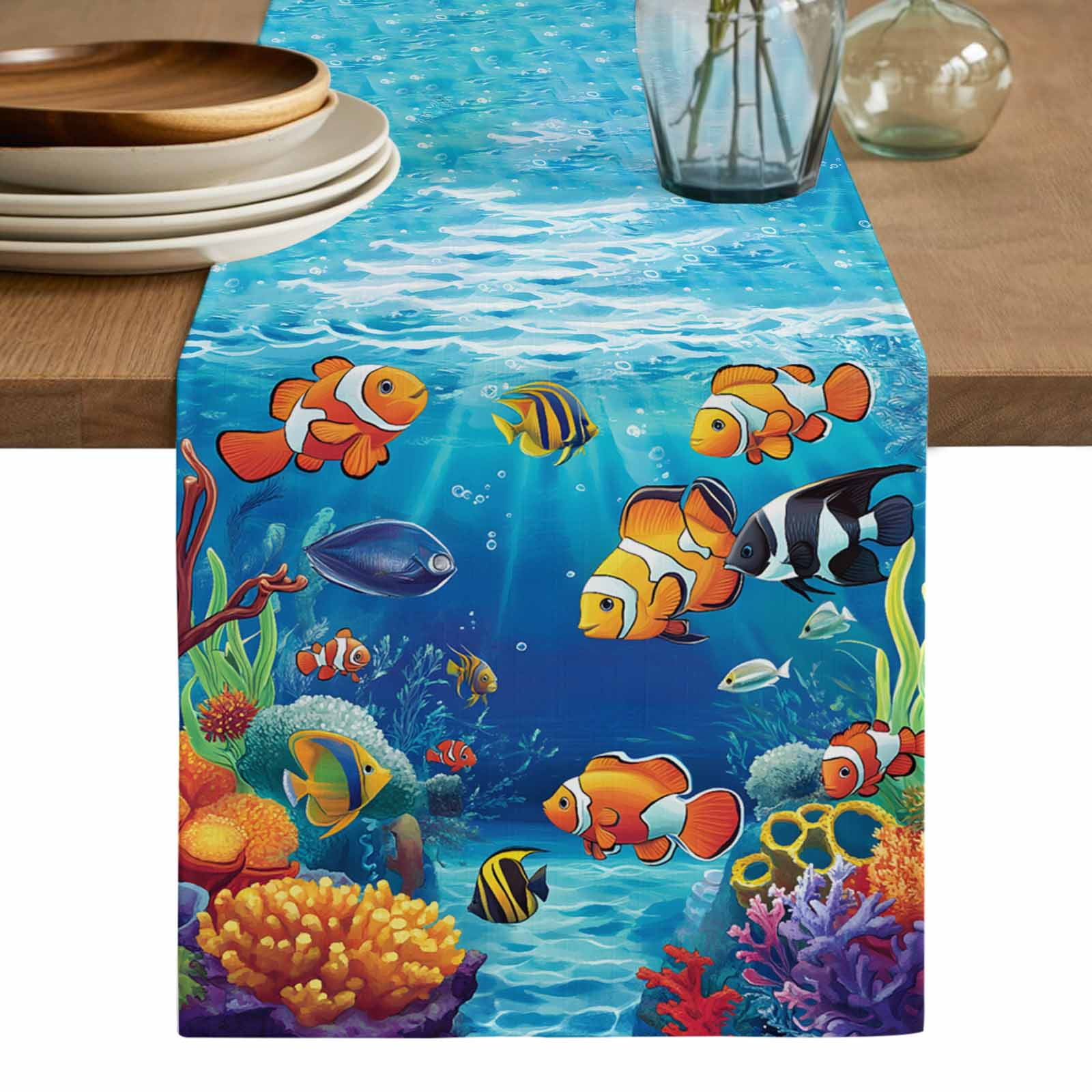 Ocean Coral Fish Table Runner, Colorful Underwater World Seagrass ...