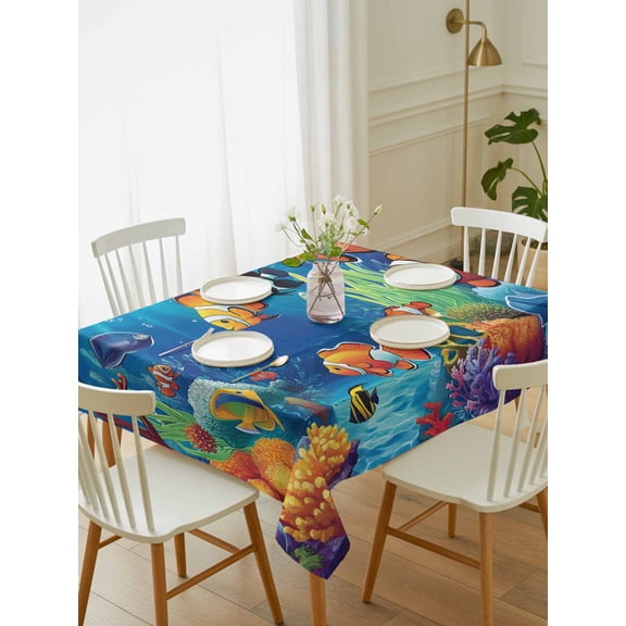 Ocean Coral Fish Tablecloth Rectangle Table Cloth 52x70, Waterproof Tablecloth Outdoor Table Cloth, Colorful Underwater World Seagrass Washable Table Cover for Kitchen Dinning Party