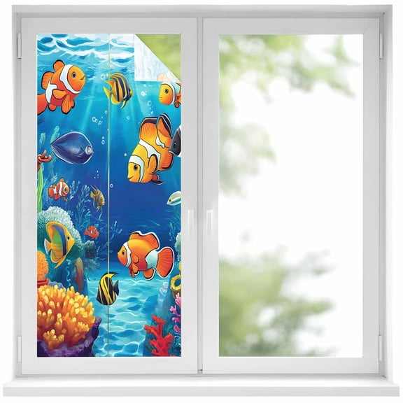 Ocean Coral Fish Window Privacy Film, Colorful Underwater World Seagrass Static Cling UV Sun Blocking Heat Control Window Tint Day and Night, Non-Adhesive One Way Windows Privacy Cover 19.6''x39.3''