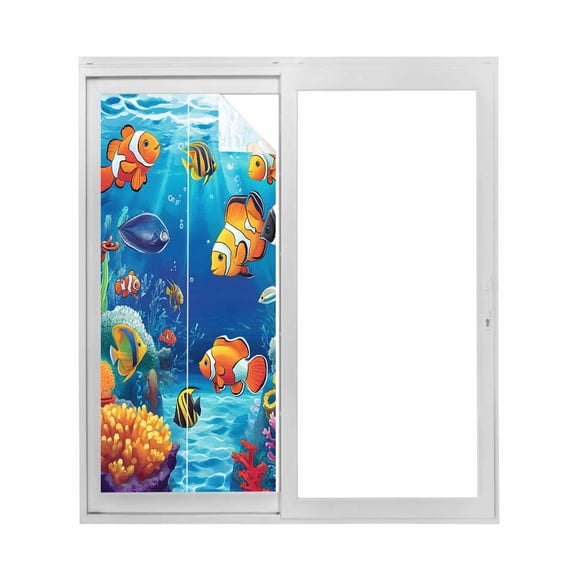 Ocean Coral Fish Window Privacy Film, Colorful Underwater World Seagrass Static Cling UV Sun Blocking Tint Film Heat Control Windows Films for Bedroom Bathroom, Window Stickers 17.7"x39.3"