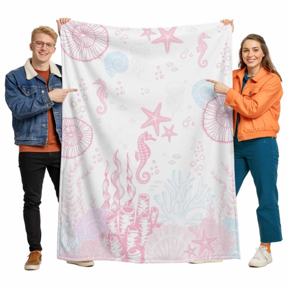 Ocean Coral Flannel Blanket for Bed,Travel and Camping, Pink Shell Seahorse Starfish Abstract Texture Super Soft Cozy Blanket for All Seasons 30"x40"