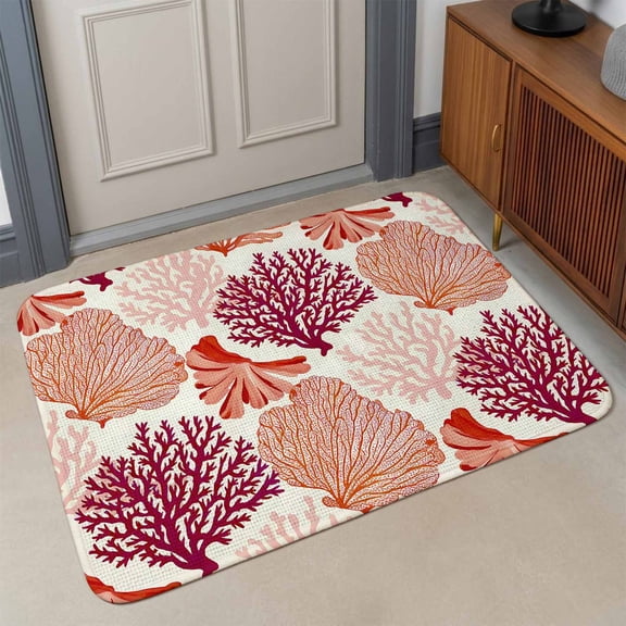 Ocean Coral Front Door Mat Indoor Entrance, Red Coral Reef Underwater Sea Fan Marine Plants Absorbent Dirt Resist Welcome Mats Non-Slip Doormat Washable Entry Rug Indoor Outdoor 17x30 Inch