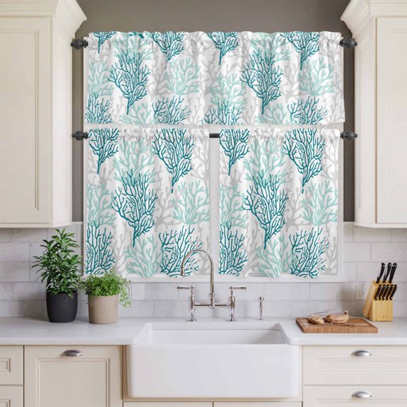Ocean Coral Green Aqua Grey Curtain Tier and Valance Set 3 Piece,Gradient Sea Plant on White 3-inch Rod Pocket Window Tier Curtains Valance for Kitchen Living Room