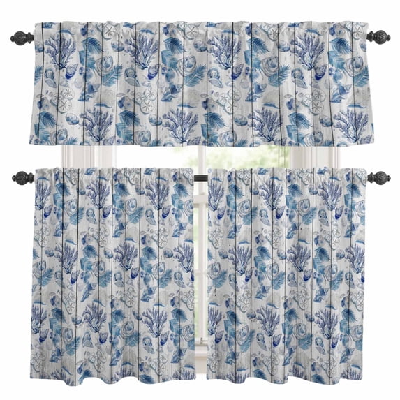 Ocean Coral Kitchen Curtains Valances and Tiers Set of 3 Summer Sea Star Seagrass Shell Wood Grain Tier Curtains and Valance with Rod Pocket for Small Windows, 27.5"x24"