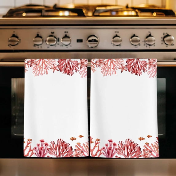 Ocean Coral Kitchen Towels Set of 1, Coastal Sea Fish Starfish Coral Summer Red Absorbent Dish Towels for Kitchen, Microfiber Hand Towel, Quick Drying Tea Towel for Cleaning Decorative Dishcloths