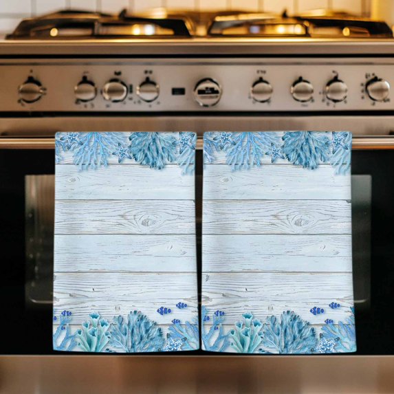 Ocean Coral Kitchen Towels Set of 3, Summer Underwater Marine Starfish Wooden Blue Absorbent Dish Towels for Kitchen, Microfiber Hand Towel, Quick Drying Tea Towel for Cleaning Decorative Dishcloths