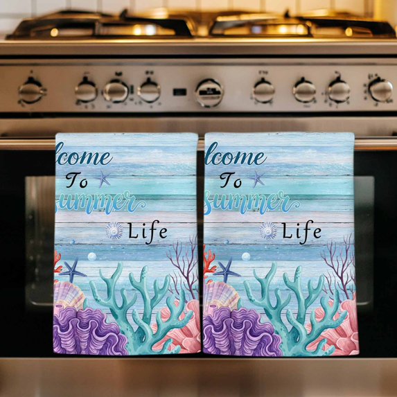 Ocean Coral Kitchen Towels Set of 4, Summer Coastal Seaweed Starfish Wood Ombre Blue Absorbent Dish Towels for Kitchen, Microfiber Hand Towel, Quick Drying Tea Towel for Cleaning Dishcloths