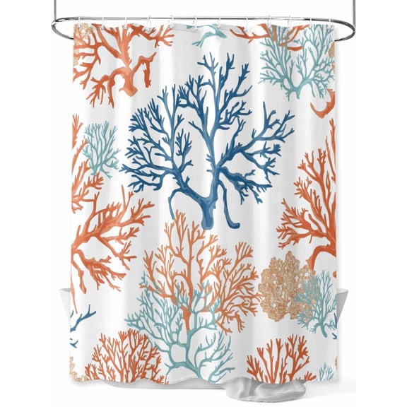 Ocean Coral Long Shower Curtain Set, Waterproof Shower Curtains for Bathroom, Coastal Orange Blue Green Nature Abstract Washable Fabric Cloth Bath Curtain for Bathtub with Hooks 72x84 Inches