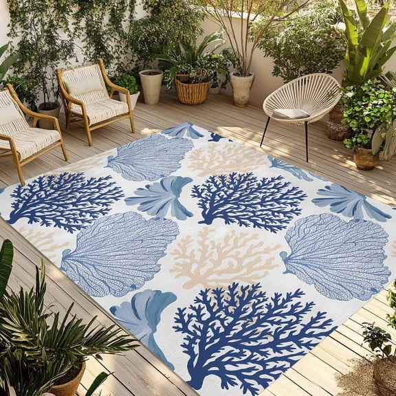 Ocean Coral Outdoor Rug, Blue Beige Coral Reef Sea Fan Underwater Plants Non-Slip Area Rugs Carpet Breathable Large Floor Mat for Outdoors Patio Porch Deck Beach 4’ x 6’