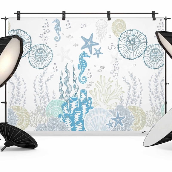 Ocean Coral Photography Backdrop 10x8FT, Blue Theme Shell Seahorse Starfish Abstract Photo Backdrops, Background for Photography Studio Photo Studio Background, Back Drop for Photoshoot