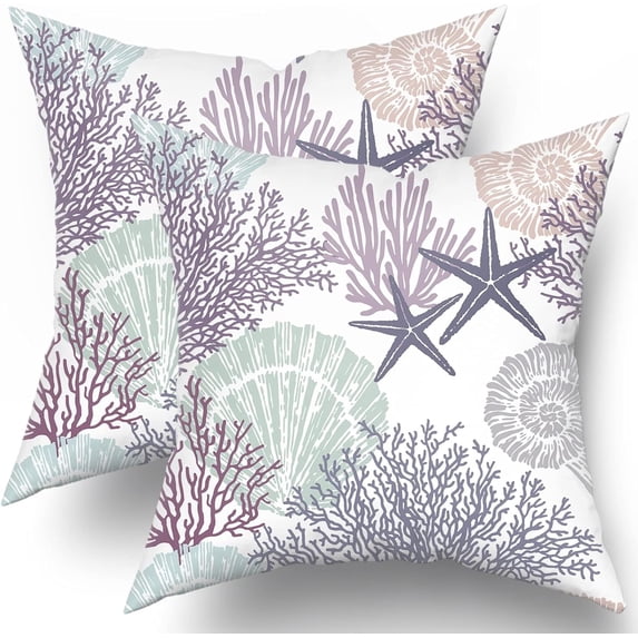 Ocean Coral Pillow Covers 18x18 Inch Nautical Coastal Throw Pillows Set of 2 Beach Seashell Starfish Pillow Case Soft Cotton Square Cushion Covers for Home Couch Sofa Patio Bedroom, Purple