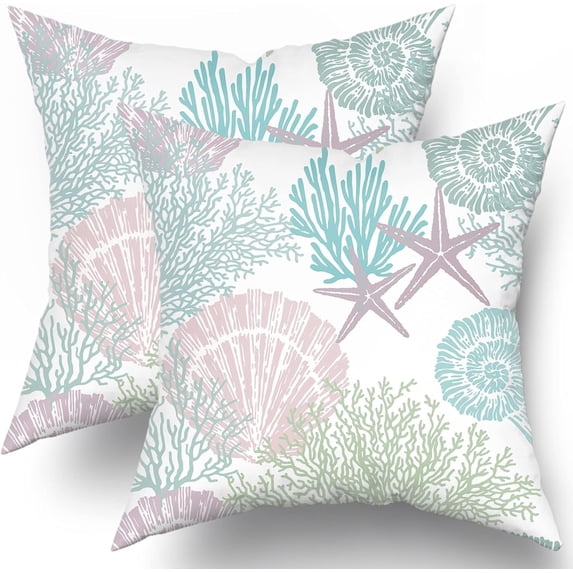 Ocean Coral Pillow Covers 20x20 Inch Nautical Coastal Throw Pillows Set of 2 Beach Seashell Starfish Pillow Case Soft Cotton Square Cushion Covers for Home Couch Sofa Patio Bedroom, Teal