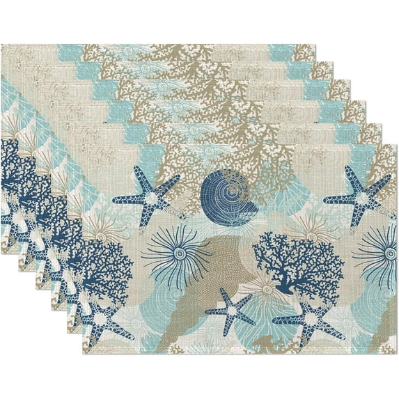 Ocean Coral Placemats Set of 6,Shells Algae Reefs Table Mats Non-Slip Heat Resistant Washable Placemat for Party Kitchen Dining Table Decoration Indoor Outdoor