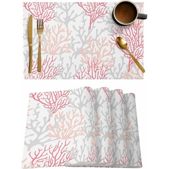 Ocean Coral Placemats Set of 6,Washable Woven Burlap Cloth Fabric Placemat for Square/Rectangle/Round/Oval Dining Table,Easy Clean Place Mats for Toddlers,Kids Summer Coastal Beach Sea Gradient Pink