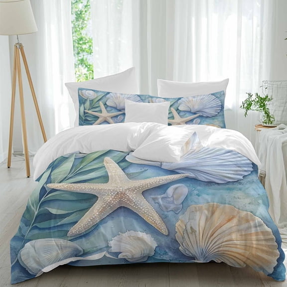 Ocean Coral Queen Size Comforter Set, Shell Starfish Plant Leaf Coastal Bedding for All Seasons, 4 Pcs Bed Set, 1Quiltcover (90"x92") ,1Sheet(94"x116"), 2Pillowcases (30"x20")