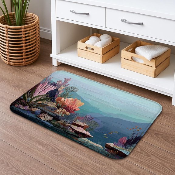 Ocean Coral Quick Dry Bath Mat Colorful Reef Pattern Absorbent Non Slip Artistic Flannel Washable Bath Rug for Bathroom Toilet Restroom 16x24 Inch