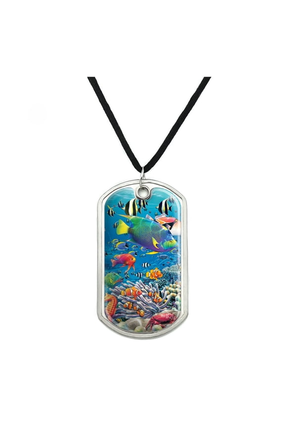 Ocean Coral Reef Angel Clown Fish Diving Military Dog Tag Pendant Necklace with Cord
