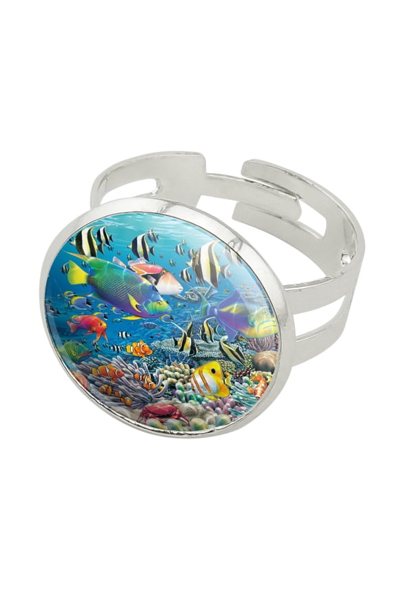 Ocean Coral Reef Angel Clown Fish Diving Silver Plated Adjustable Novelty Ring
